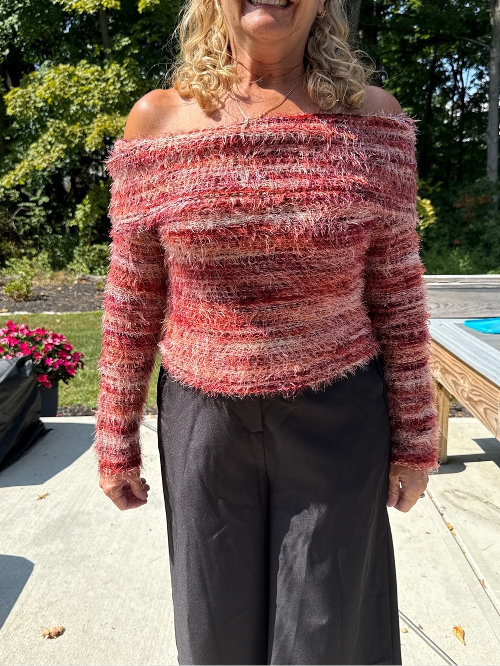 NWOT Large Striped Fuzzy Cropped Sweater Off Shoulder Long Sleeve Y2K Pullover